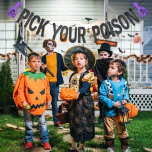 Black Glitter Pick Your Poison Banner - Halloween Hanging Paper Garland Bunting Banner with Purple Potion Bottle Decorations, Photo Backdrop for Wall Home Mantel Office Wall Scary Party Supplies