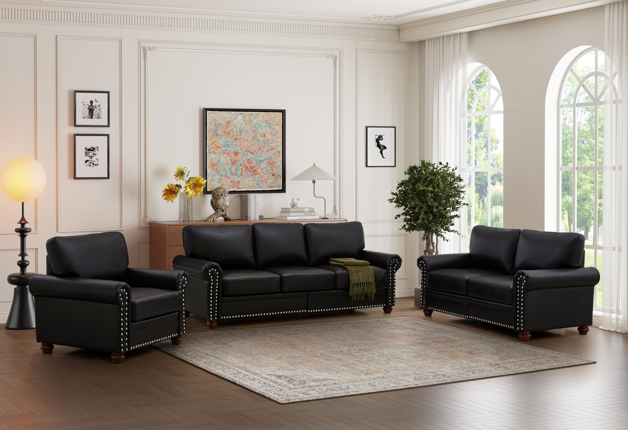 Moxoq Mid-Century Modern Faux Leather Living Room Sofa Set with Rivet Trim, Solid Wood Frame and Legs - Single, Double, Triple, 2+3 Seater, 1+2+3 Seater, 4 Color Options (Black, Single Sofa)