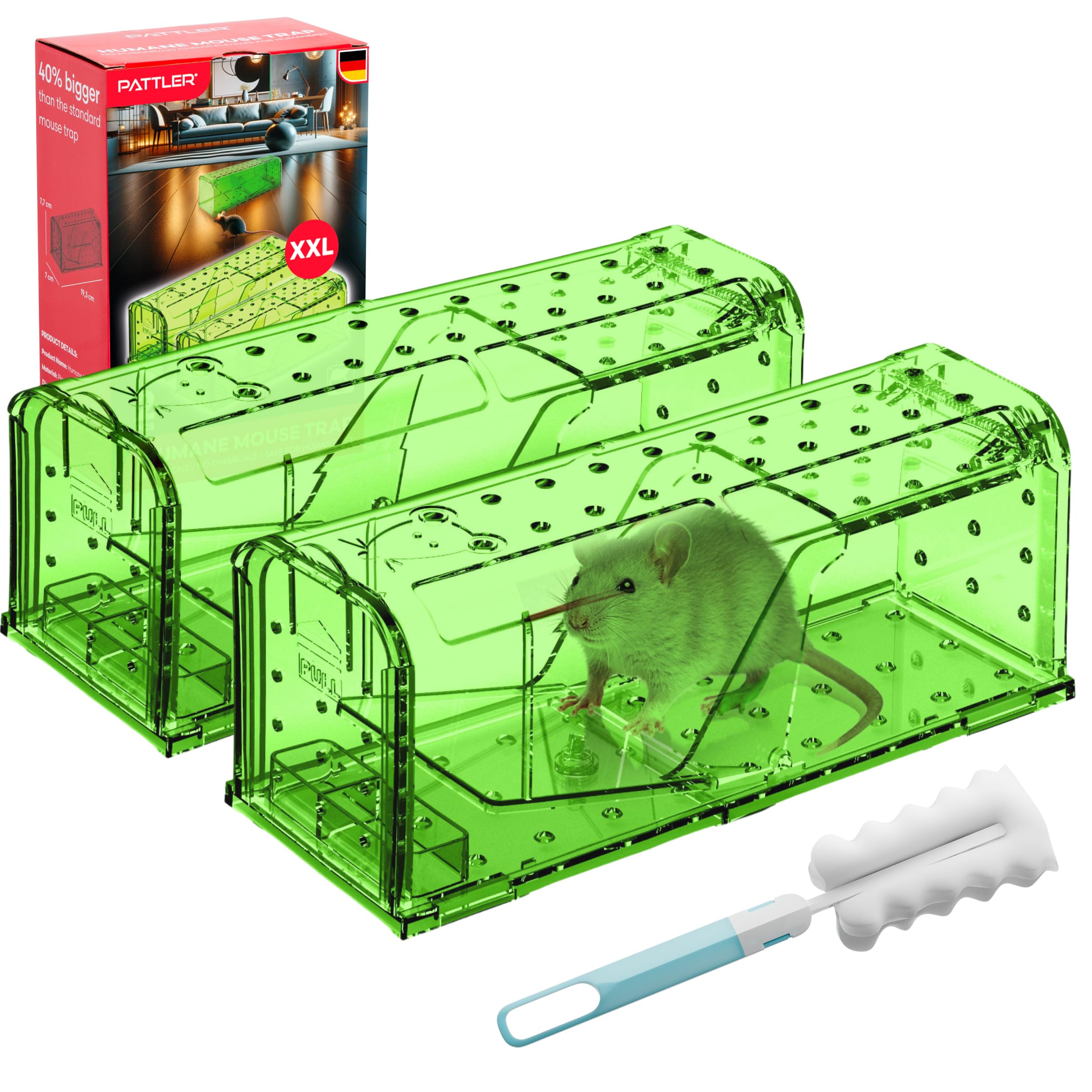 PATTLER® | New Large Humane Mouse Trap for Indoor and Outdoor Home | Mechanical Reusable Live Mouse Traps Catch and Release Mice from Garden, Garage, Attic, Inn, Hotel | Green | Pack of 2