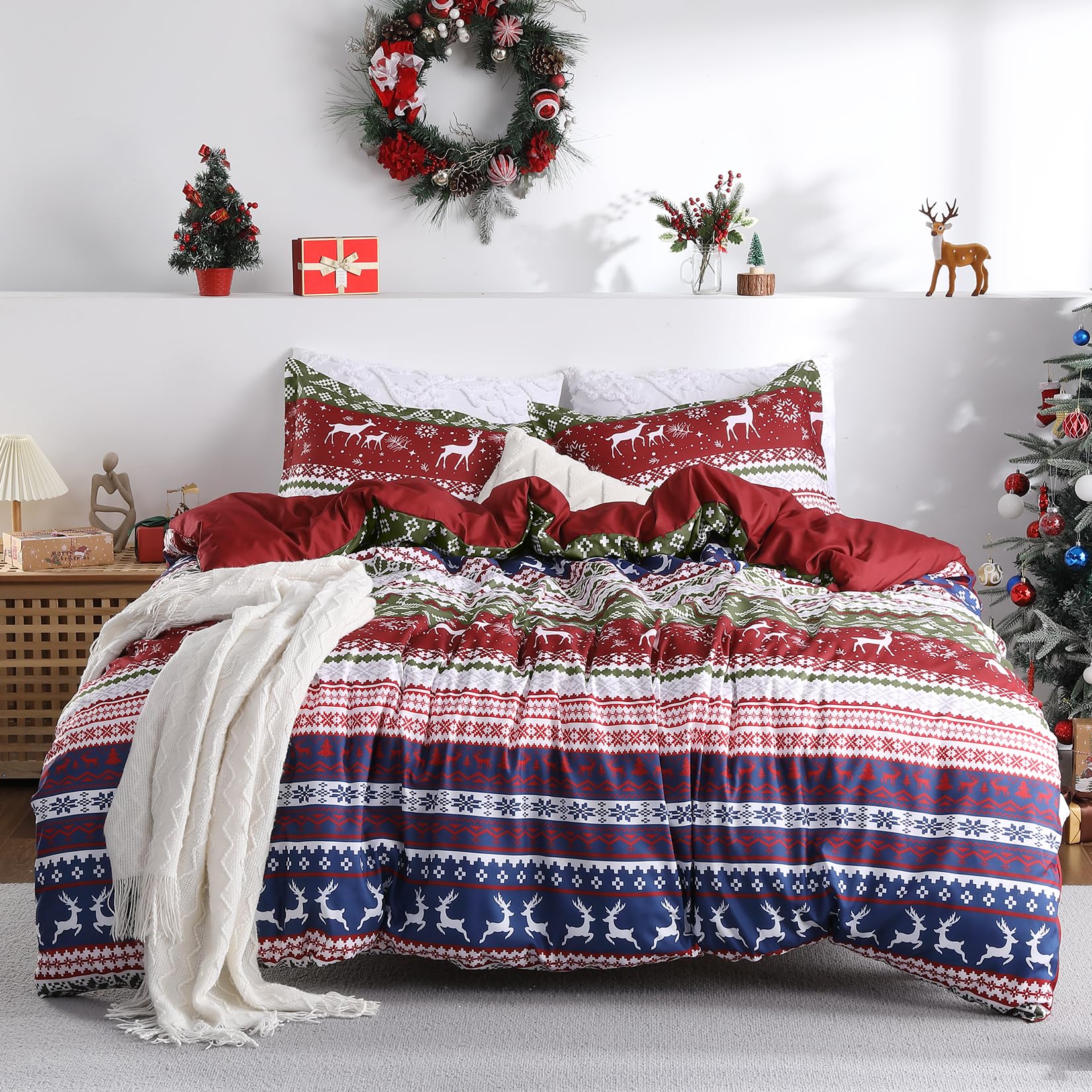 CAROMIO Christmas Duvet Cover Queen Size - Boho Christmas Holiday Reindeer Printed Duvet Cover Set, Soft and Breathable Christmas Decorations Bedding Set (Queen, 90"x90")