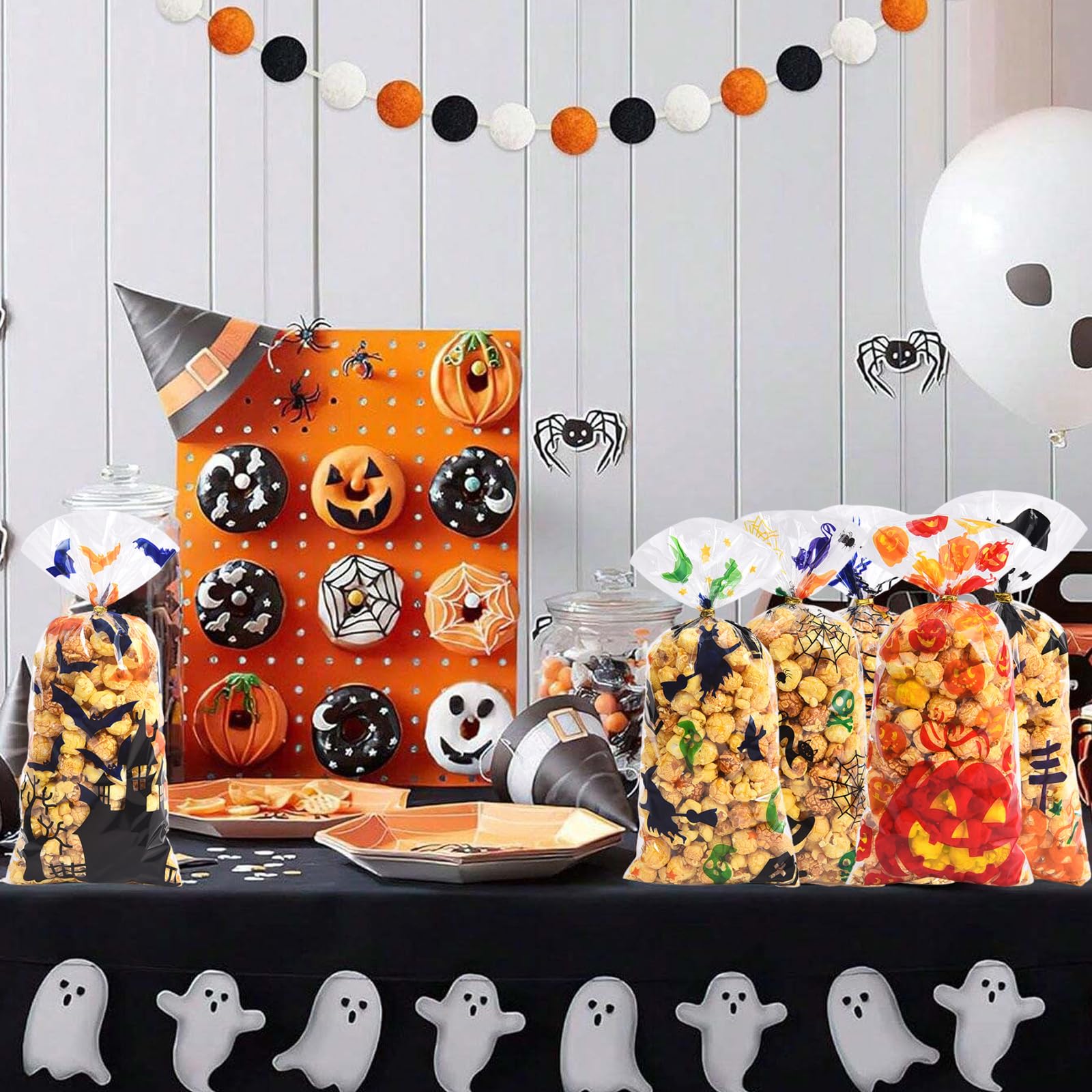 Lodeihoo Halloween Candy Bags Treats Bags, 100 PCS Halloween Plastic Clear Candy Bags 6 Styles with 100 PCS Twists for Snacks Candy Cookies Packing Halloween Party Favors