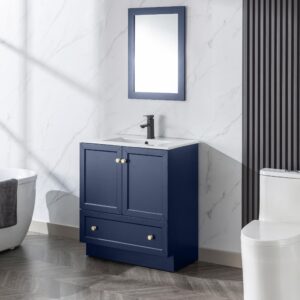 eclife 30" Bathroom Vanity Cabinet Sink Combo Set with Kitchen Base Design, Painted Solid Wood Construction Cabinet with Single Ceramic Sink, Double-Doors and Drawers, Shaker Style, Navy Blue