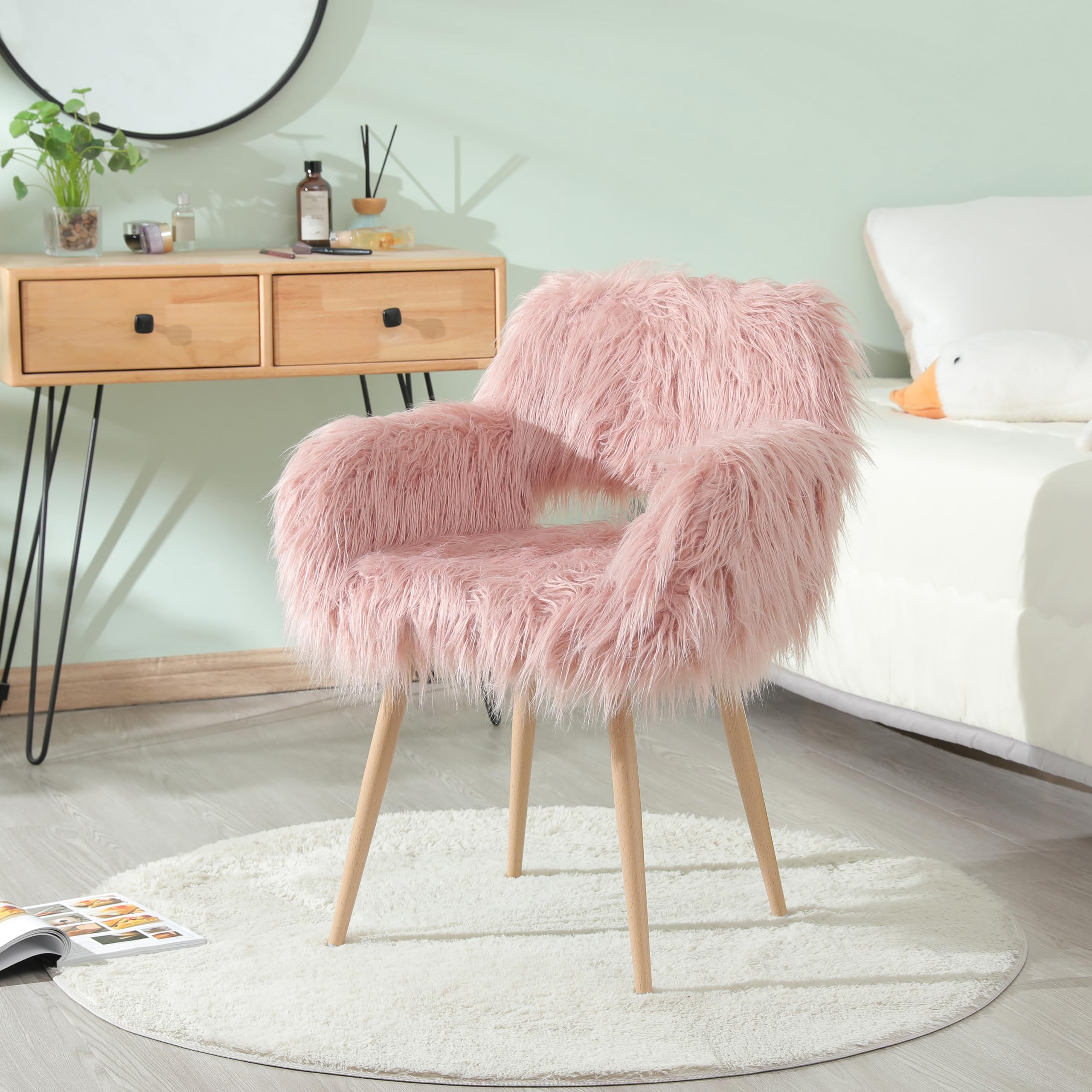 Faux Fur Desk Chair with Wood-Like Metal Legs,Furry Accent Chair Cute Desk Chair,Fluffy Home Office Chair Without Wheels for Women Kids Teen Girls