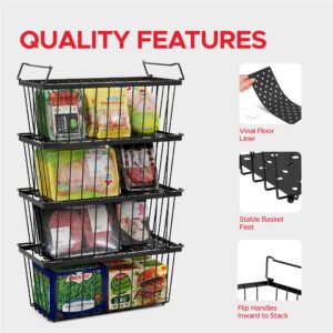 Tafura Freezer Organizer Bins (14" Lx7 Wx6.1 H) - 4 Pack Stackable Freezer Baskets Sort Frozen Meats & Food - Deep Freezer Organizer Bins with Handles for Upright & Chest Freezer (Black)