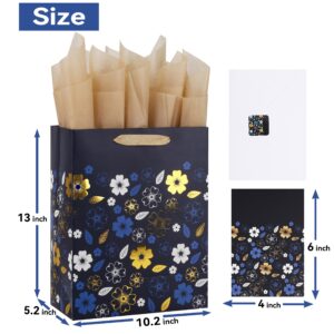 Qirrmiy 13” Large Deep Blue Gift Bag Set with Greeting Card and Tissue Paper (Gold Foil Flowers Design) for Celebrating Birthdays, Weddings, Anniversaries, Mother's Day - 10.2”x5.2”x13”, 1 Pcs.