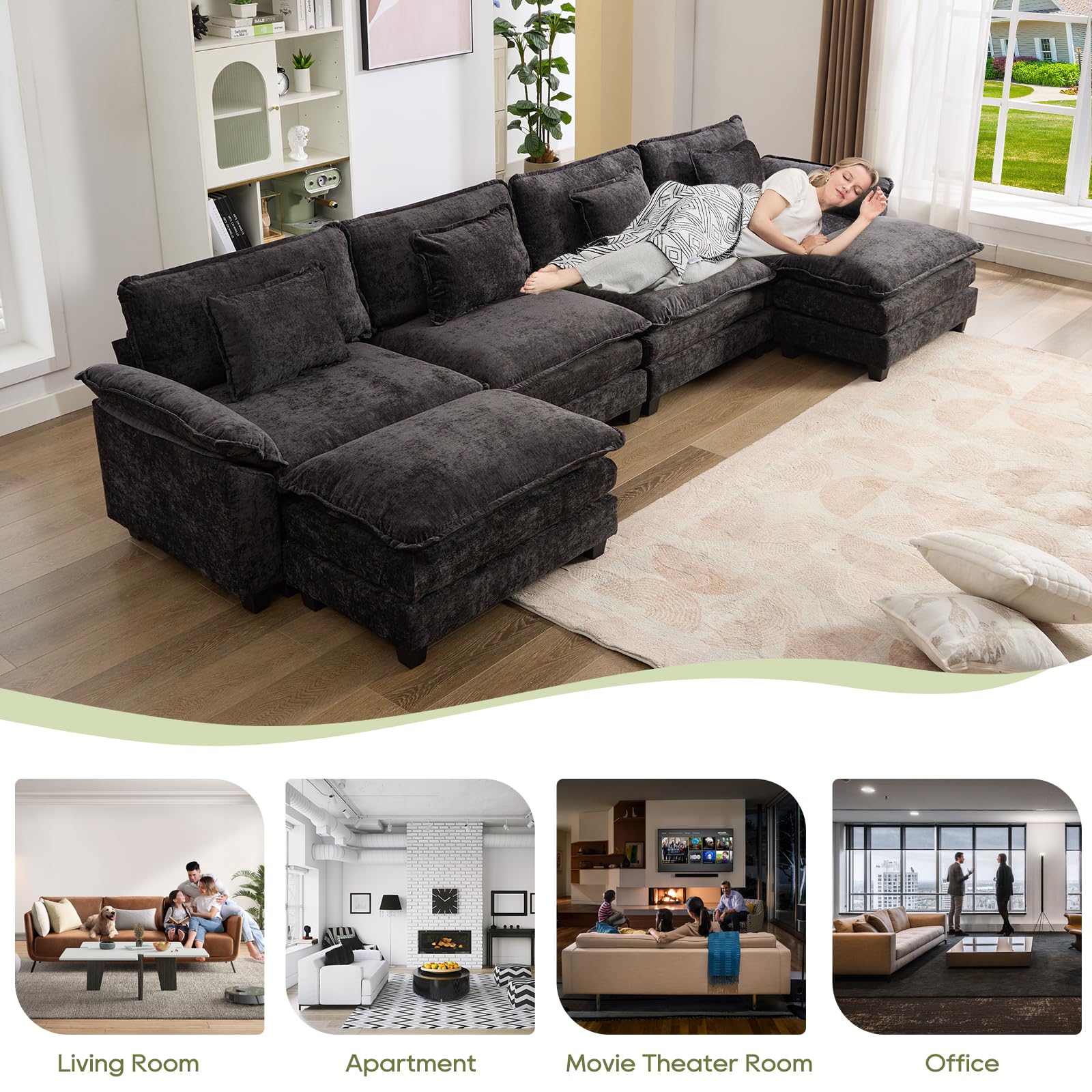 IPKIG 154" Oversized Modular Sectional Sofa Cloud Couch, Chenille Large U-Shaped Couch Comfy Upholstered 4-Seat Sofa with 2 Ottoman, 4 Lumbar Pillow, Deep Seat Couch for Living Room (Black)