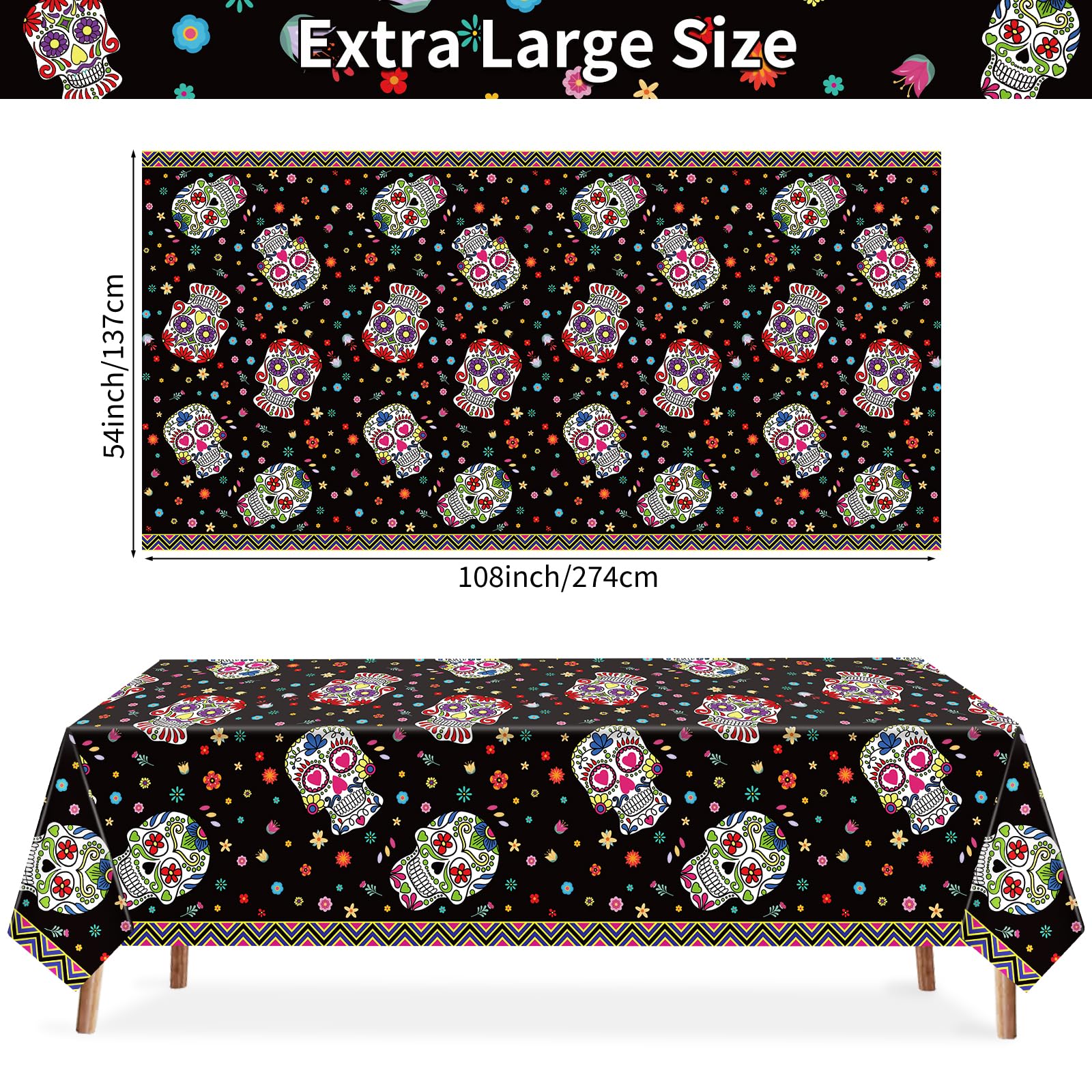 Lemicin 3 Pack Day of The Dead Tablecloths, Sugar Skulls Floral Table Large Size Disposable Plastic Rectangular Tablecloths for Home Decor Mexican Fiesta Table Party Decorations, 54x108 Inch