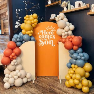 Here Comes the Son Balloon Arch Garland Kit 147Pcs Boho Retro Dusty Blue Burnt Orange Mustard Yellow Balloons for Baby Boy Shower First Trip Around the Sun Sunshine Theme Birthday Party Decorations