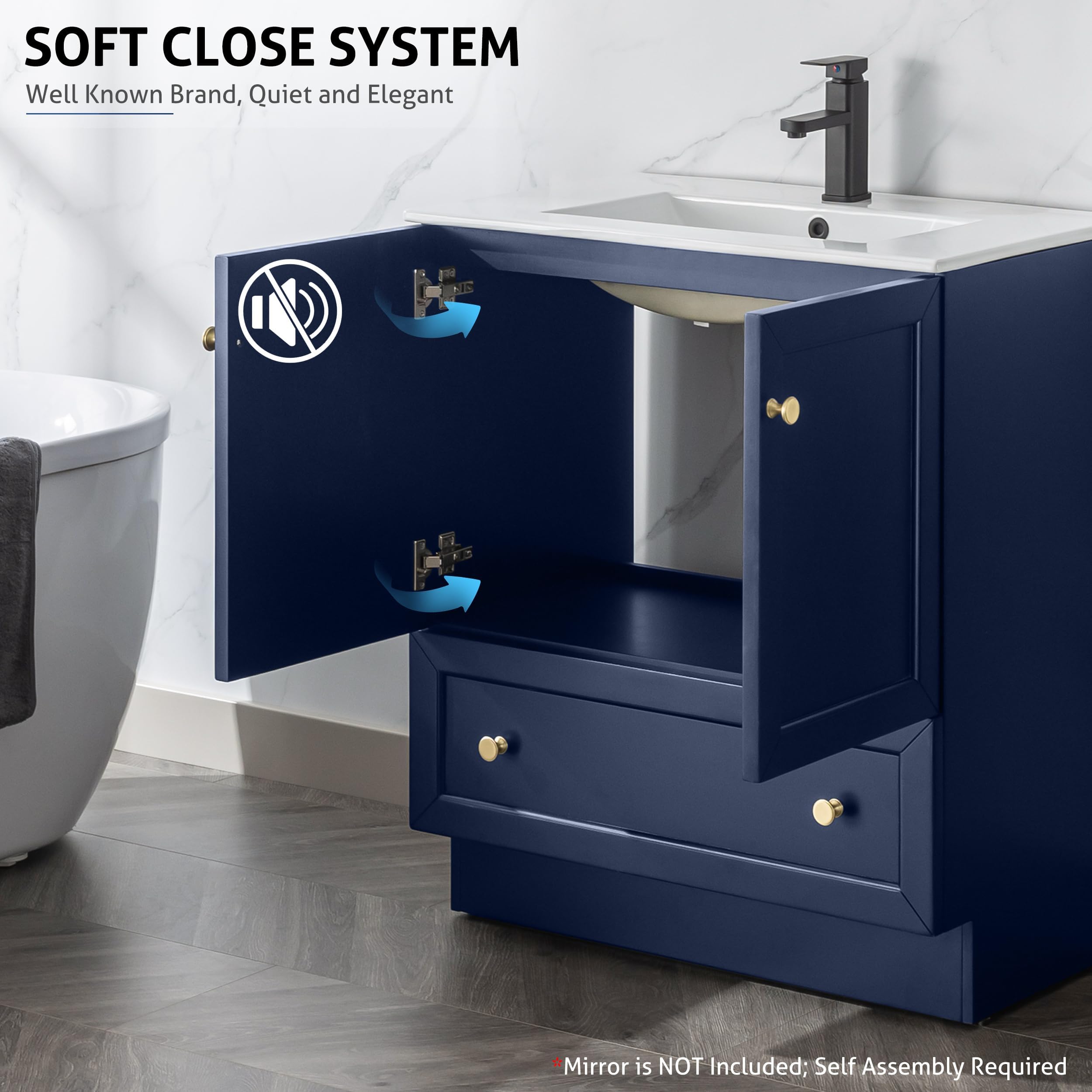 eclife 30" Bathroom Vanity Cabinet Sink Combo Set with Kitchen Base Design, Painted Solid Wood Construction Cabinet with Single Ceramic Sink, Double-Doors and Drawers, Shaker Style, Navy Blue