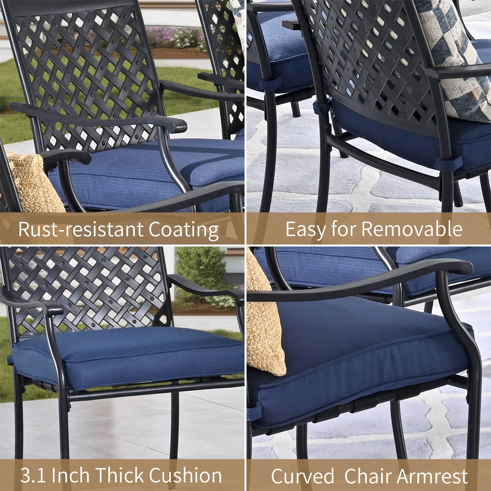 PatioFestival Patio Dining Set 5Pcs Heavy Duty Metal Outdoor Furniture Sets Square Table with 4 Stackable Chairs Blue Cushion