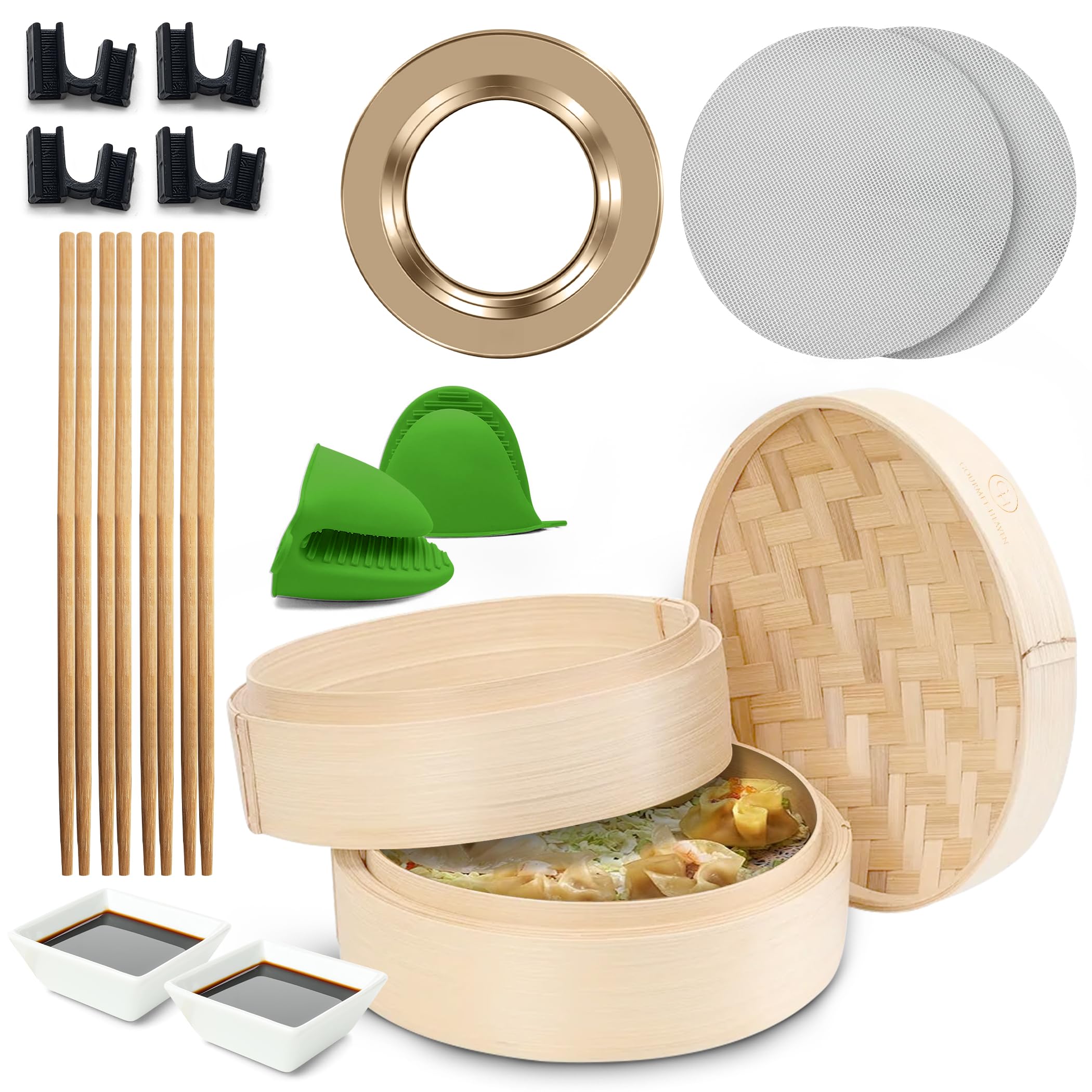 Gourmet Heaven Bamboo Steamer Basket Kit 2 Tier-10 Inch-Steamer for Cooking-Dumplings Steamer, Momo,Bao Buns, Asian,Chinese Food Steamer Basket,Silicone Pot, Rice Steamer,Liners-Dim Sum,Soup Steamer