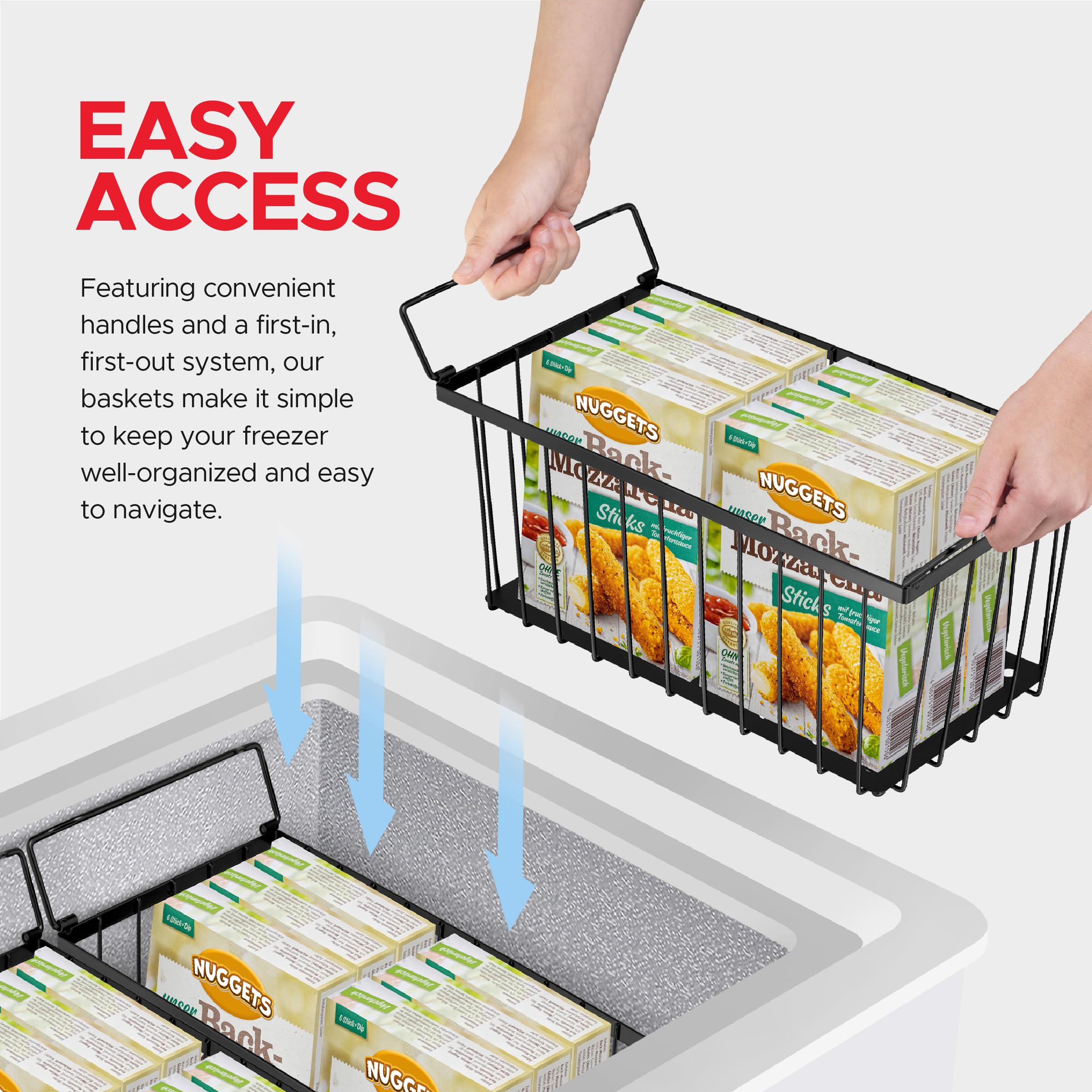 Tafura Freezer Organizer Bins (14" Lx7 Wx6.1 H) - 4 Pack Stackable Freezer Baskets Sort Frozen Meats & Food - Deep Freezer Organizer Bins with Handles for Upright & Chest Freezer (Black)