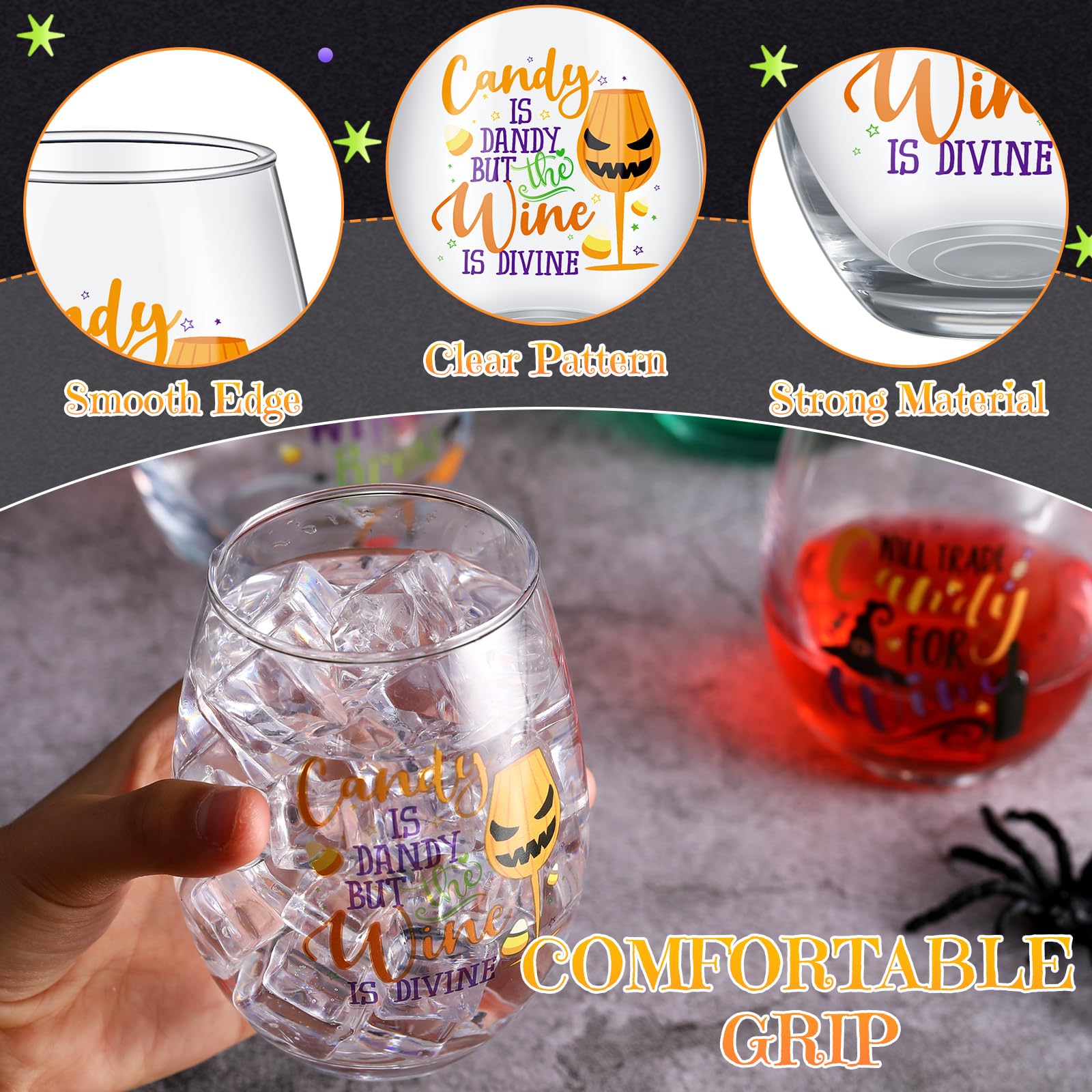 Maxcheck 12 Pcs Halloween Stemless Wine Glasses 15oz Witches Wine Glasses Hallo Queen Drinking Glasses Ice Coffee Beer Beverages Clear Tumbler Cup Halloween Gifts for Women Men Party Event Decorations