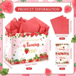 Strawberry 1st Birthday Gift Bag Berry Birthday Decorations Large Sweet One Birthday Wrapping Bag with Tissue Paper and Greeting Card for Baby Girl Christmas Xmas First Birthday Party Supplies