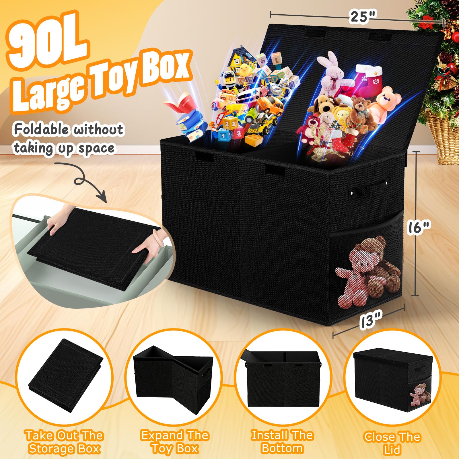 Large Toy Box, Collapsible Storage Bins with Lids, Toy Storage Organizer Toddler Bin Boxes for Kids Boys Girls, 25"x13"x16"Toy Chest Bin Box Baskets for Nursery, Living Room, Playroom, Bedroom, Black