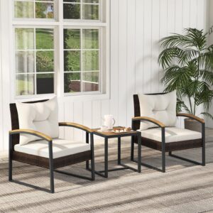 Tangkula 3 Piece Patio Conversation Set, Includes 2 Rattan Chairs and Coffee Table, Solid Acacia Wood Armrests & Tabletop, Outdoor Cushioned Wicker Furniture Set for Backyard, Poolside, Lawn, Garden