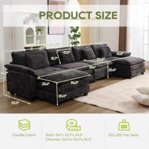 IPKIG 154" Oversized Modular Sectional Sofa Cloud Couch, Chenille Large U-Shaped Couch Comfy Upholstered 4-Seat Sofa with 2 Ottoman, 4 Lumbar Pillow, Deep Seat Couch for Living Room (Black)