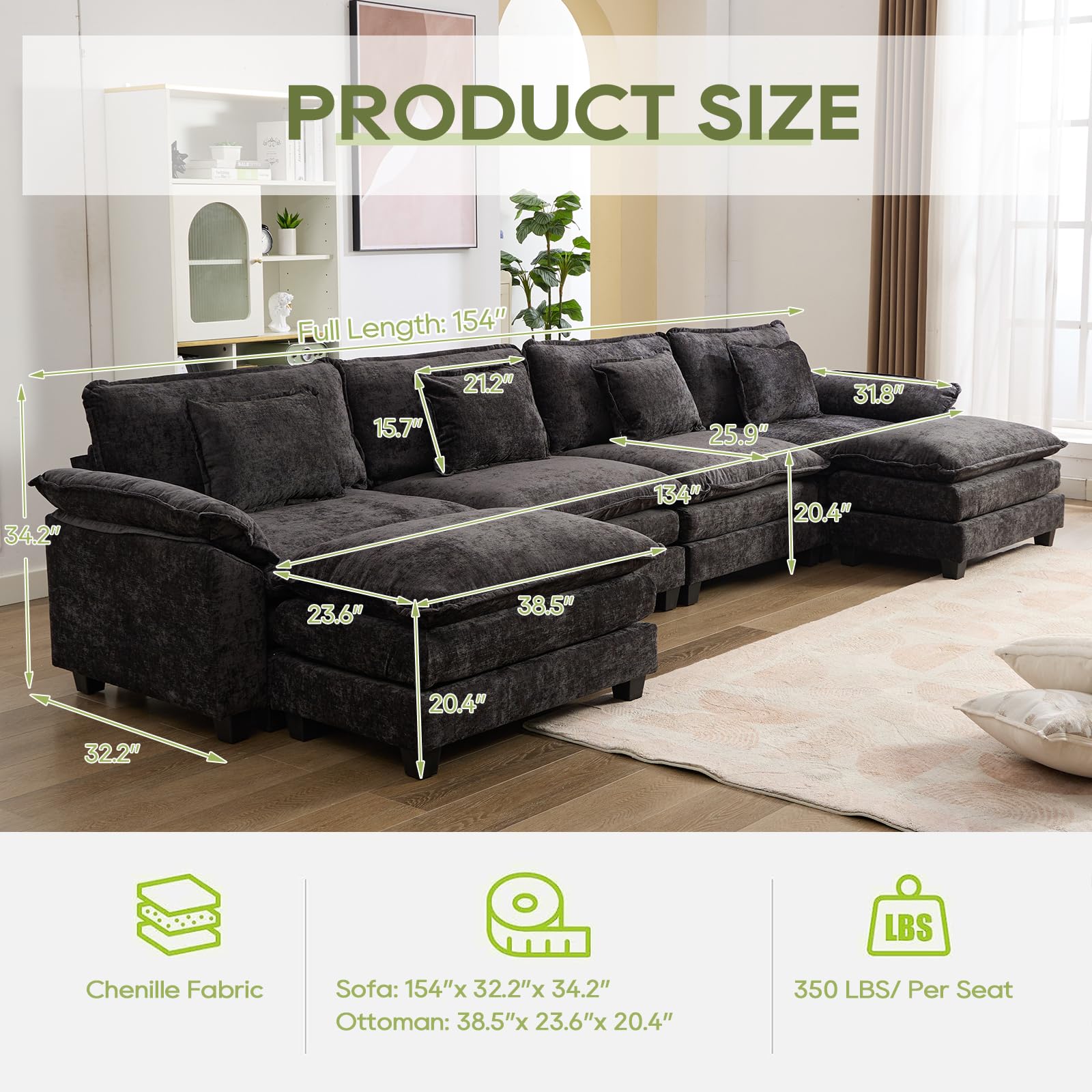 IPKIG 154" Oversized Modular Sectional Sofa Cloud Couch, Chenille Large U-Shaped Couch Comfy Upholstered 4-Seat Sofa with 2 Ottoman, 4 Lumbar Pillow, Deep Seat Couch for Living Room (Black)