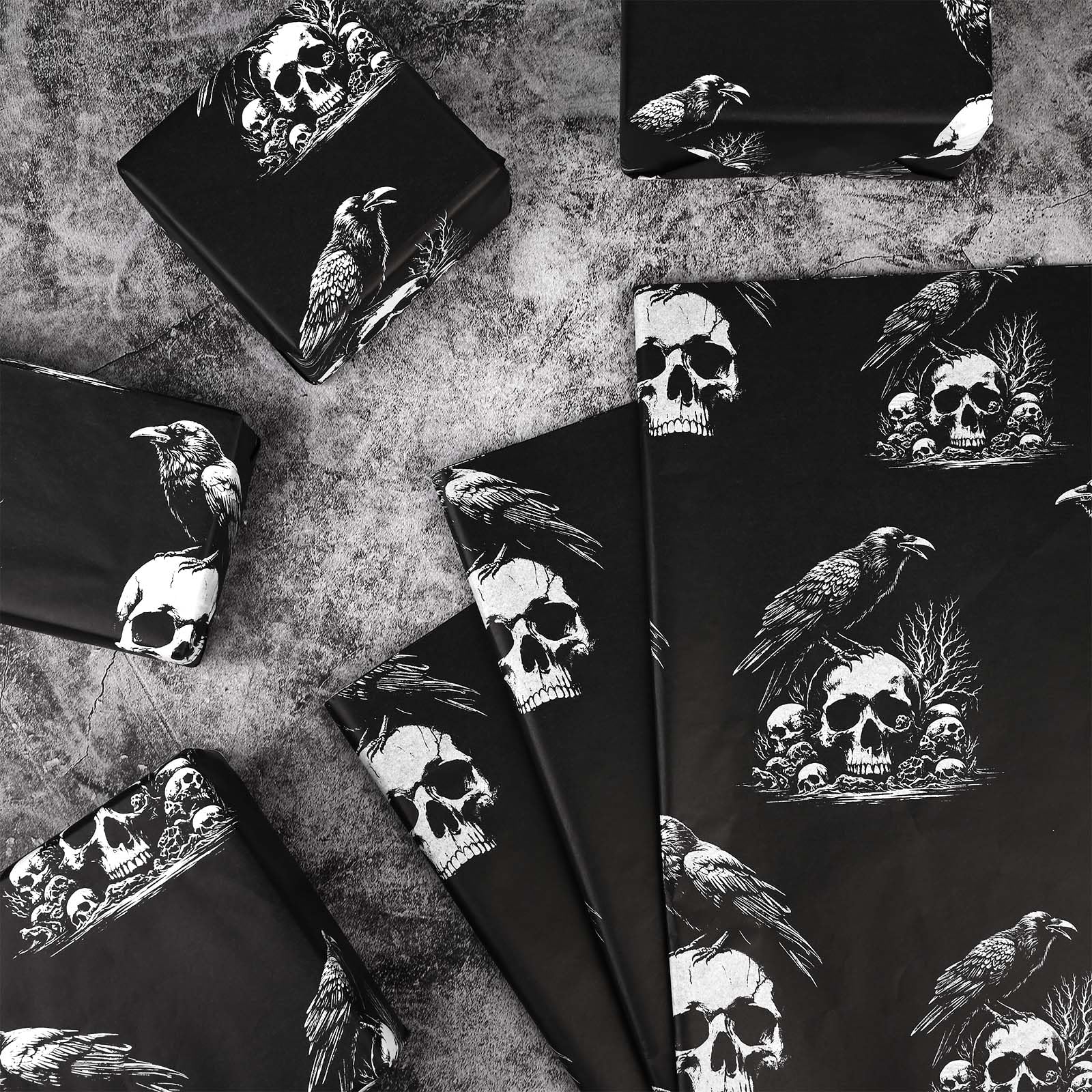 100 Sheets Halloween Tissue Paper for Gift Bags Black White Skull Raven Printed Tissue Paper Spooky Decorative Tissue for Gift Wrapping for Halloween Party DIY Craft, 13.7 x 19.6 Inch