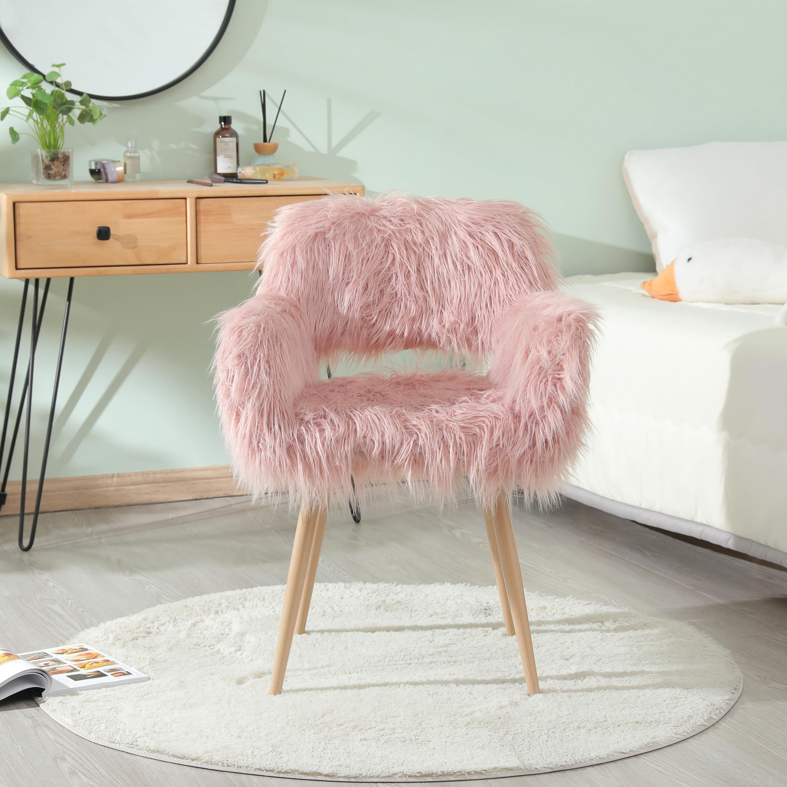 Faux Fur Desk Chair with Wood-Like Metal Legs,Furry Accent Chair Cute Desk Chair,Fluffy Home Office Chair Without Wheels for Women Kids Teen Girls