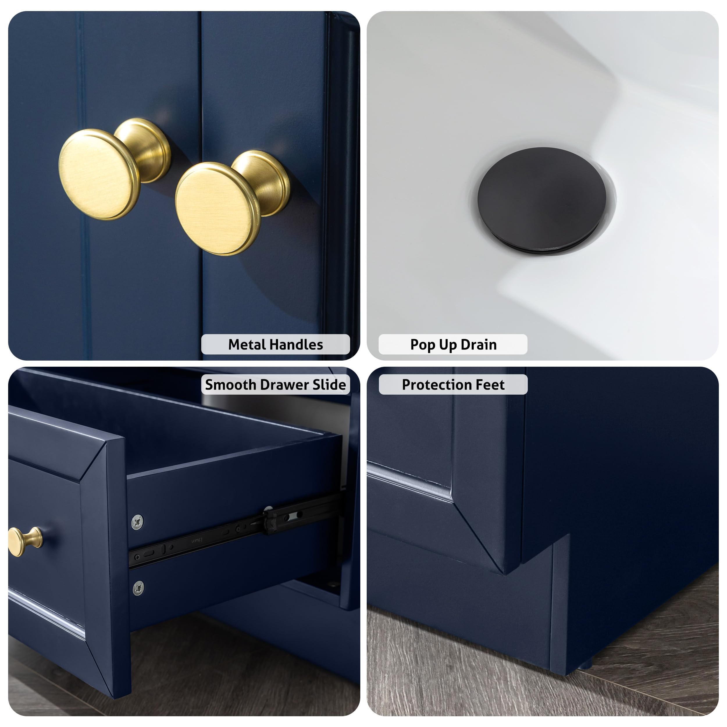 eclife 30" Bathroom Vanity Cabinet Sink Combo Set with Kitchen Base Design, Painted Solid Wood Construction Cabinet with Single Ceramic Sink, Double-Doors and Drawers, Shaker Style, Navy Blue