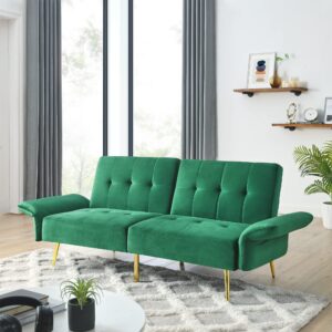 LOPOO 78" Italian Velvet Convertible Futon Sofa Bed, Modern Sleeper Loveseat Couch with Adjustable Armrests, Storage Bags, Gold Stainless Steel Feet, Tufted Back, Foam-Filled, Solid Wood Frame, Green