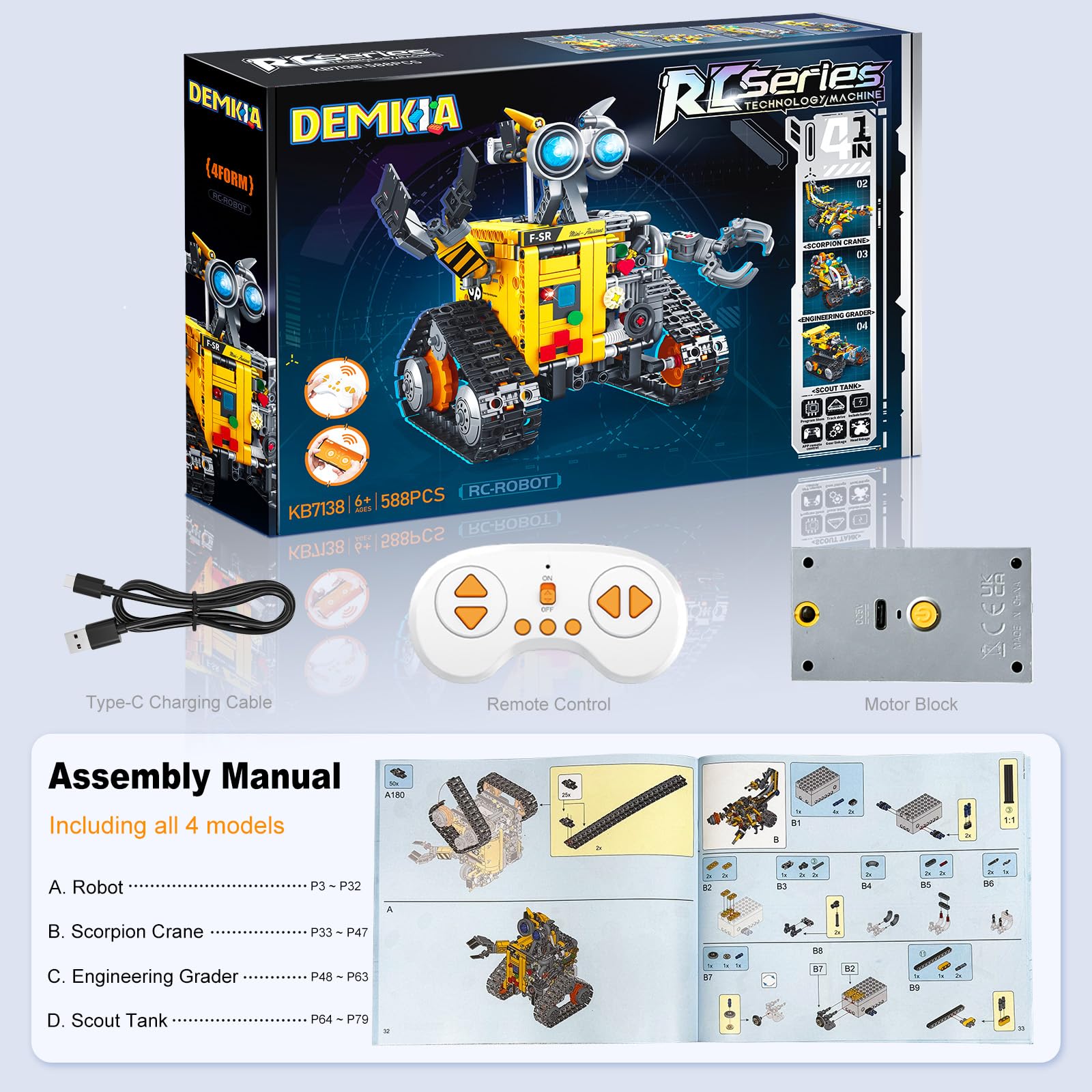 Demkia Robot Toys Building Set for Kids and Adults, Rechargeable 4-in-1 Remote & APP Controlled RC Wall Robotics Kit STEM Toys, Christmas Birthday Gifts for Boys Ages 6 7 8-12 (588 Pcs)