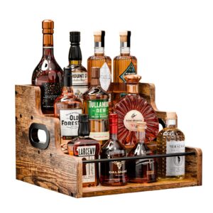 klm liquor bottle display shelf, coffee syrup rack organizer, 3 step countertop liquor wine rack, mini bar,liquor cabinet, home retro bar shelf stand for liquor whiskey, spirits