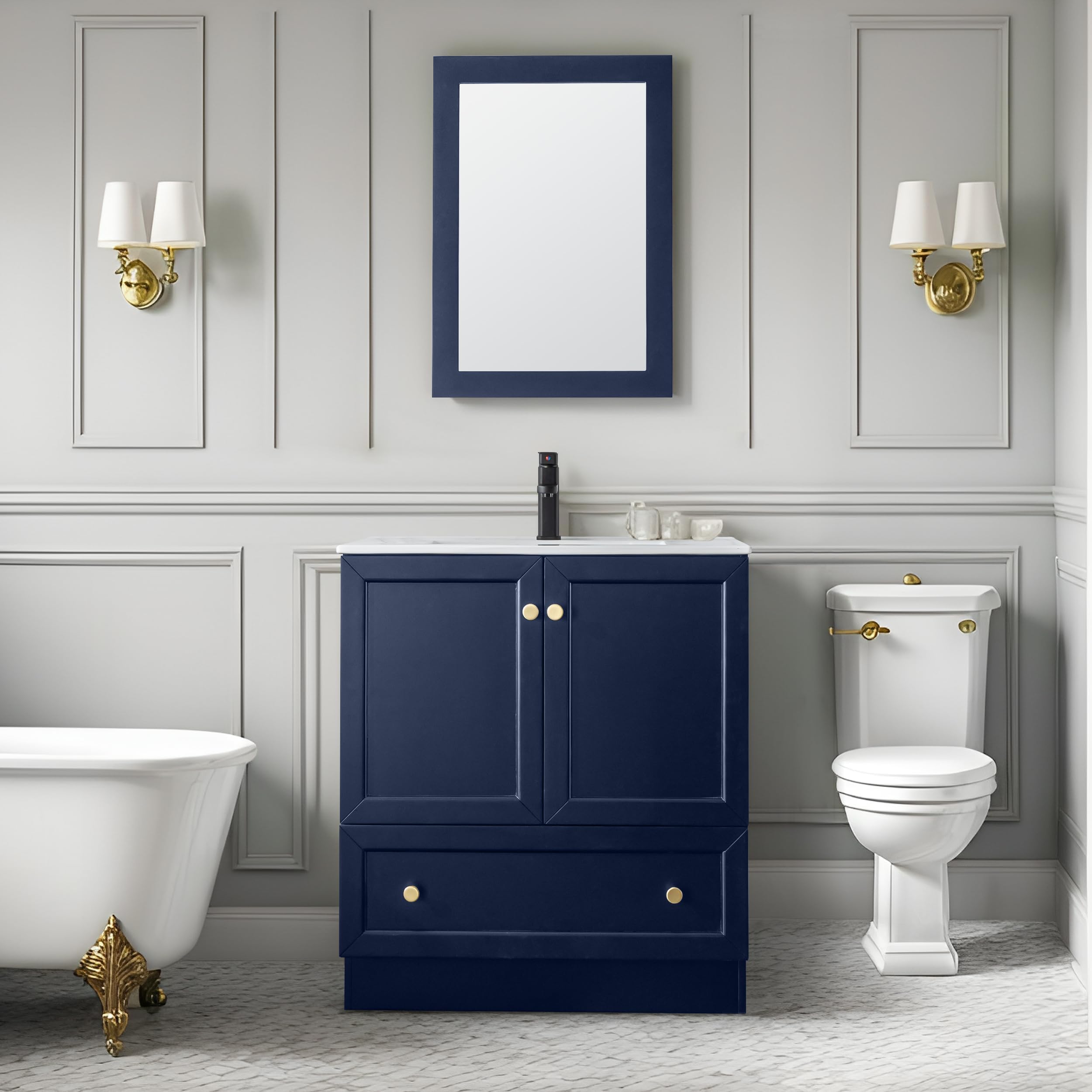 eclife 30" Bathroom Vanity Cabinet Sink Combo Set with Kitchen Base Design, Painted Solid Wood Construction Cabinet with Single Ceramic Sink, Double-Doors and Drawers, Shaker Style, Navy Blue