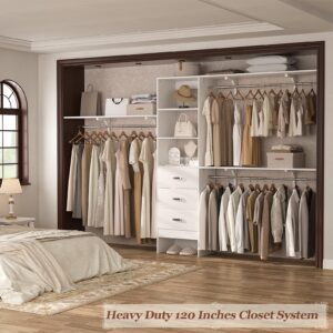 Armocity 120 Inches Closet System, 10FT Walk In Closet Organizer with 3 Shelving Towers, Heavy Duty Clothes Rack with 3 Drawers, Built-In Garment Rack, 120" L x 16" W x 75" H, Max Load 1300 LBS, White