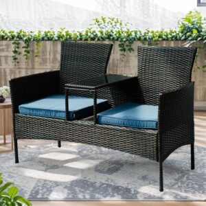 TINKLE WELL Wicker Outdoor Loveseat Modern Rattan 2-Seat Patio Conversation Set with Cushions & Built-in Coffee Table Porch Furniture for Garden Lawn Backyard, Dark Brown