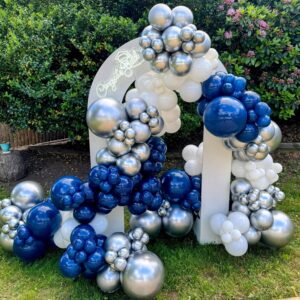 140Pcs Blue Balloon Arch Garland Kit, Navy Blue Dusty Blue Metallic Silver White Latex Balloons for Boys Men Birthday Baby Shower Wedding Gender Reveal Graduation Outer Space Party Decorations