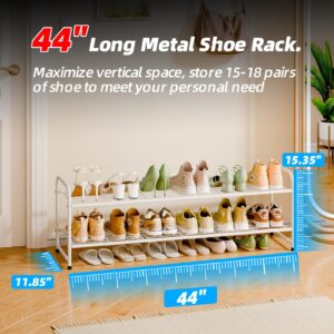 MWQ 2 Tier Metal Shoe Rack Organizer for Closet, 44" w Long Free Standing Shoe Storage Shelf for Entryway, Hallway, White