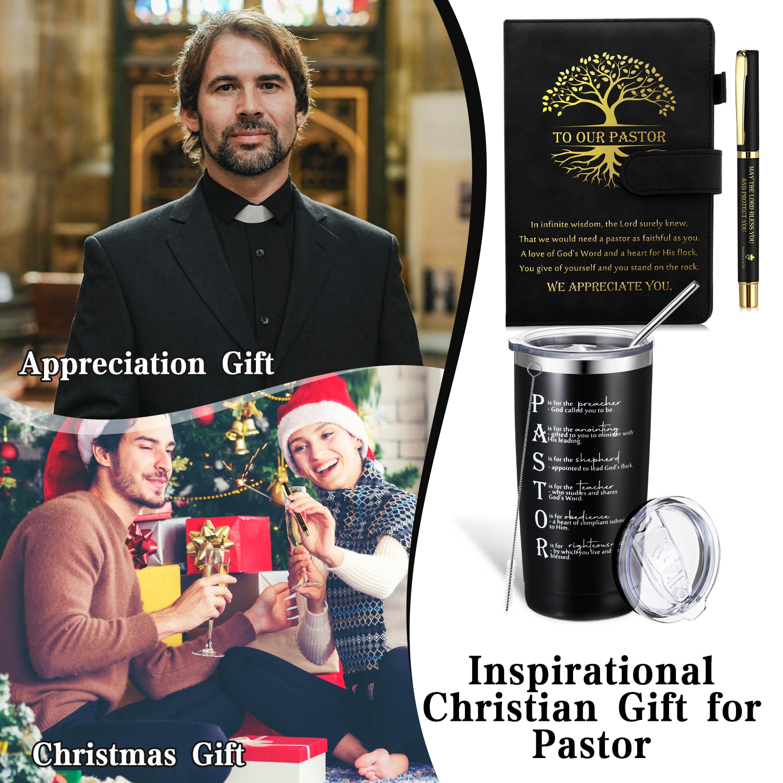 Skybooly Set of 3 Pastor Appreciation Gifts for Men 20oz Stainless Steel Tumbler Pastor Ordination A5 Journal Inspirational Ballpoint Pen Gift for Clergy Appreciation Day Christmas, Birthday (Black)