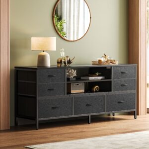 Huuger Dresser for Bedroom with Power Outlets and LED Lights, 7 Drawers TV Stand Dresser for 55 Inch TV, 47 Inches TV Console with Open Shelf, Wide Black Dresser, PU Leather, for Bedroom