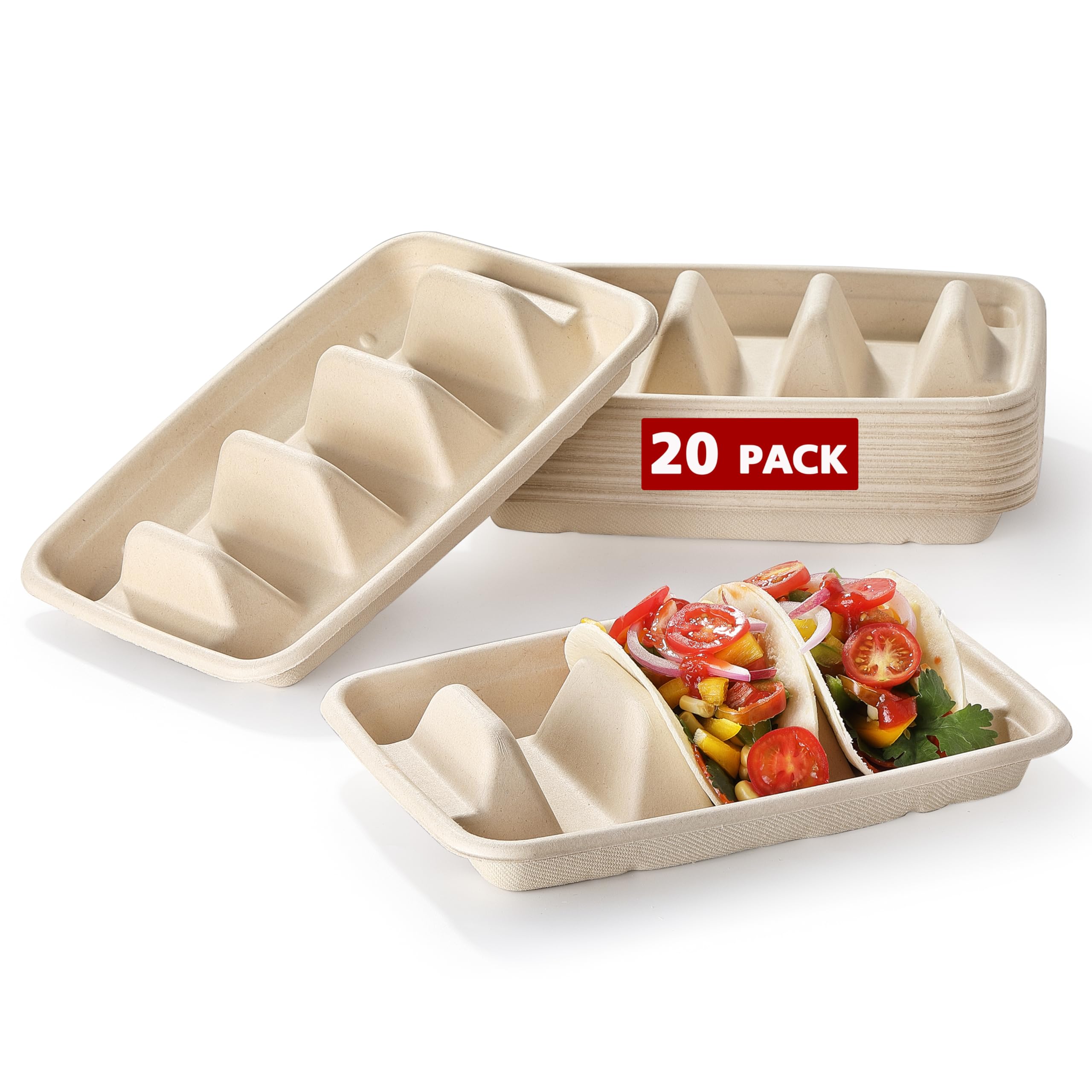 20 PCS Disposable Taco Holders, COKUMA Taco Bar Serving Set for a Party, Taco Plates with Dividers, Taco Plates Tray Stand for 3 Tacos, Taco Tuesday