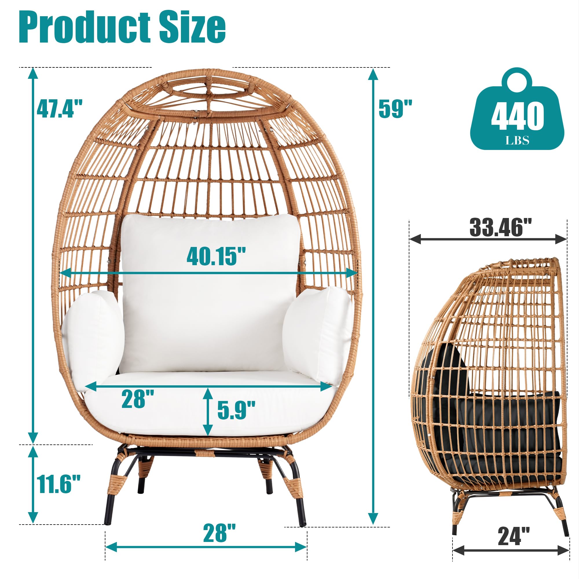 OTSUN Outdoor Egg Chair, PE Wicker Chair with 4 Thicken Cushions, Oversized Indoor Chairs with Durable Steel Frame Perfect for Balcony, Backyard, Bedroom, Patio Chairs 440 lbs Capacity-White