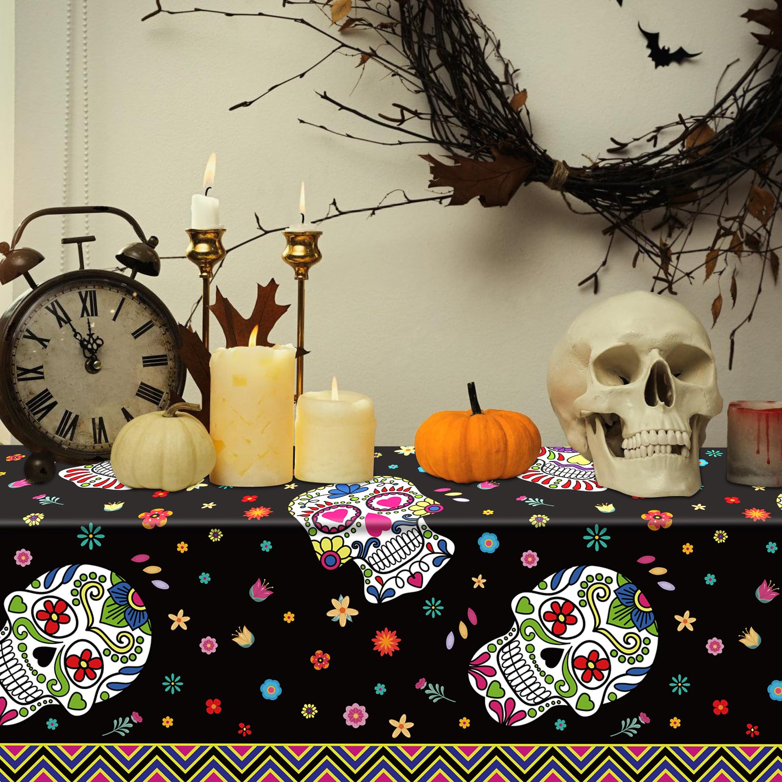 Lemicin 3 Pack Day of The Dead Tablecloths, Sugar Skulls Floral Table Large Size Disposable Plastic Rectangular Tablecloths for Home Decor Mexican Fiesta Table Party Decorations, 54x108 Inch