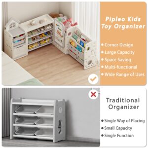 Kids Toy Storage Organizer with 10 Removable Bins, Foldable Toy Organizers and Storage with 3-Tier Bookshelf for Kids Toy Storage Organizer with Drawing Board, Extra 3 Brushes (4 In 1 Off-white)