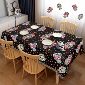 Lemicin 3 Pack Day of The Dead Tablecloths, Sugar Skulls Floral Table Large Size Disposable Plastic Rectangular Tablecloths for Home Decor Mexican Fiesta Table Party Decorations, 54x108 Inch