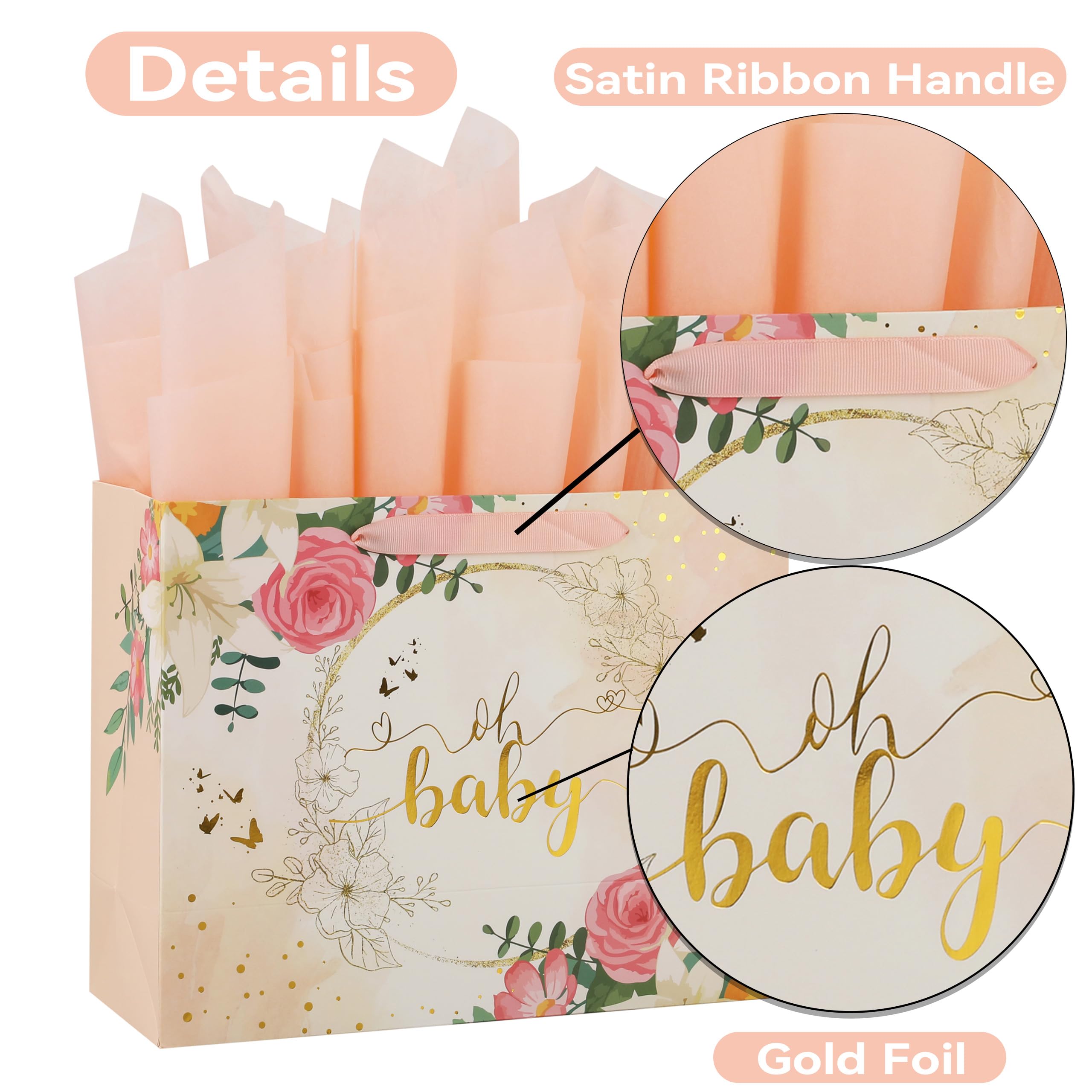 13" Large Light Orange Gift Bag Set with Greeting Card and Tissue Paper (Gold Foil ‘Oh Baby’) for Baby Shower, Baby Girl or Boy, Girls' Birthday Party, Women's Birthday Parties - 13”x5.2”x10.2”, 1 Pcs.