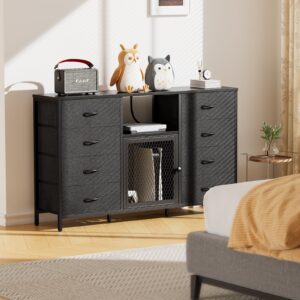 Decofy Dresser for Bedroom with LED Lights and Power Outlets, 8 Drawers TV Stand Dresser for 65 Inch TV, Fabric Chest of Drawers with Open Shelves, Black Dressers for Bedroom, Closet