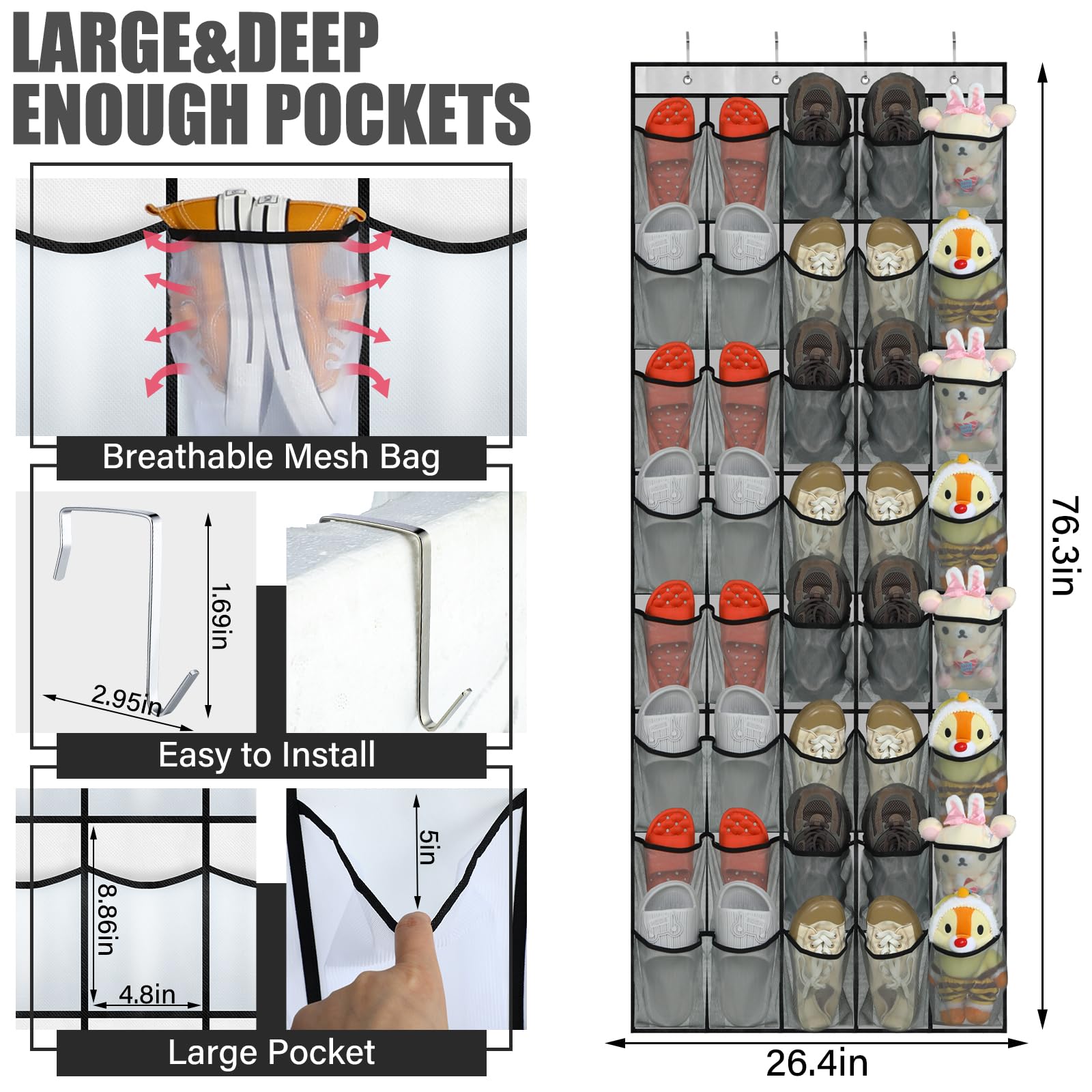 Windyun 40 Large Over the Door Shoe Organizer Shoe Rack for Door Gray Mesh Pockets Hanging Shoe Organizer for Closet Shoe Holder Rack Behind Door Hanger Hanging Shoe Rack Nonslip Holder for Shoes