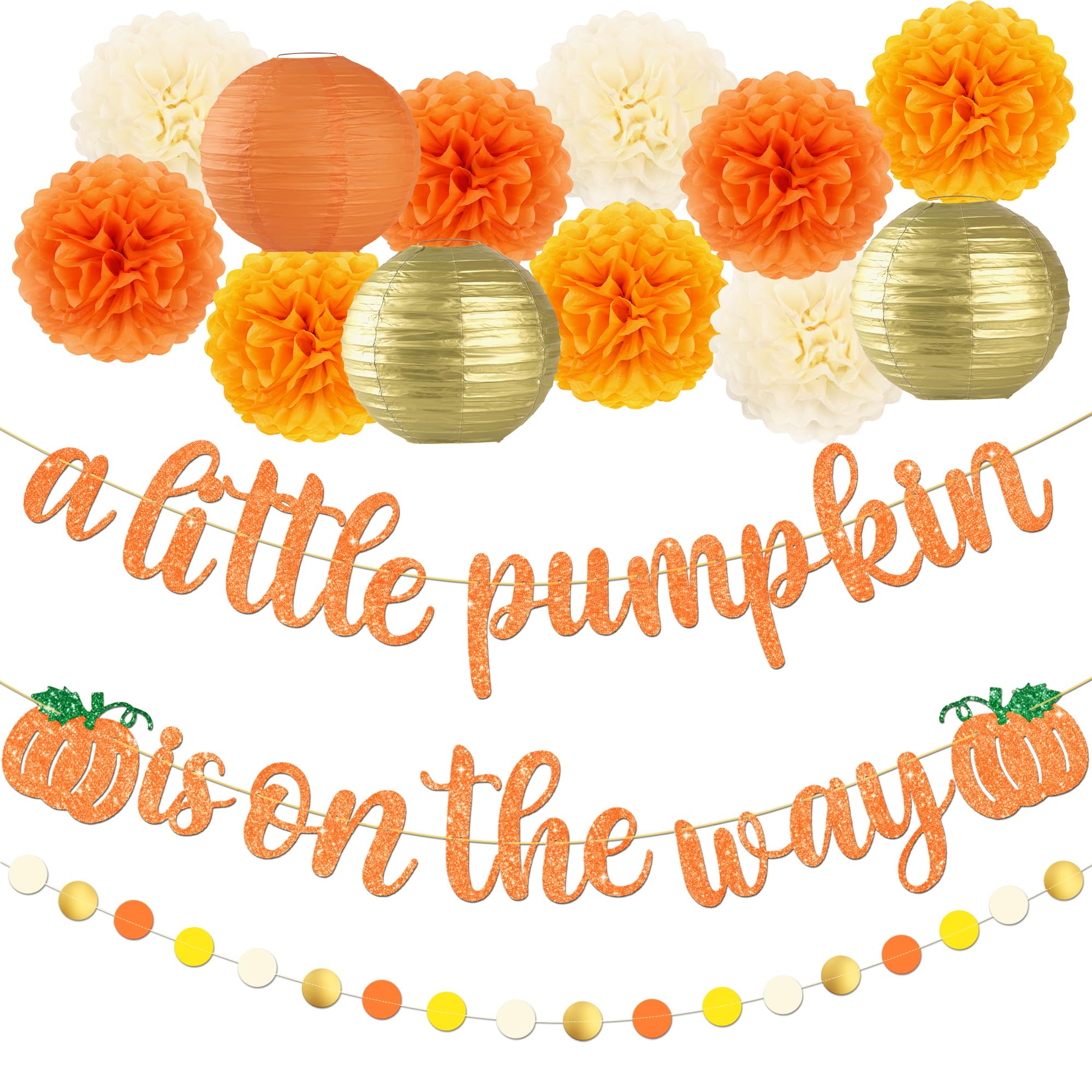 Kriyokiaa Little Pumpkin Baby Shower Decorations 14 Pcs Fall Baby Shower Decorations with A Little Pumpkin Is On The Way Banner, Tissue Pom-Poms, Paper Lantern