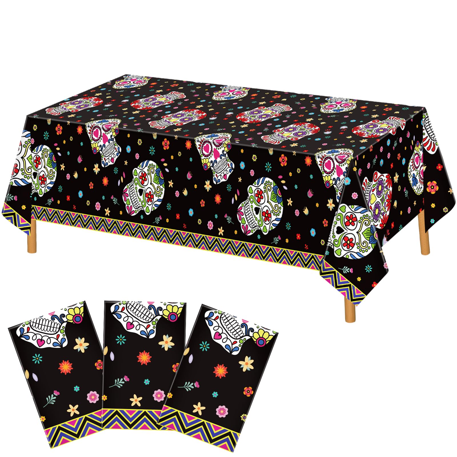 Lemicin 3 Pack Day of The Dead Tablecloths, Sugar Skulls Floral Table Large Size Disposable Plastic Rectangular Tablecloths for Home Decor Mexican Fiesta Table Party Decorations, 54x108 Inch