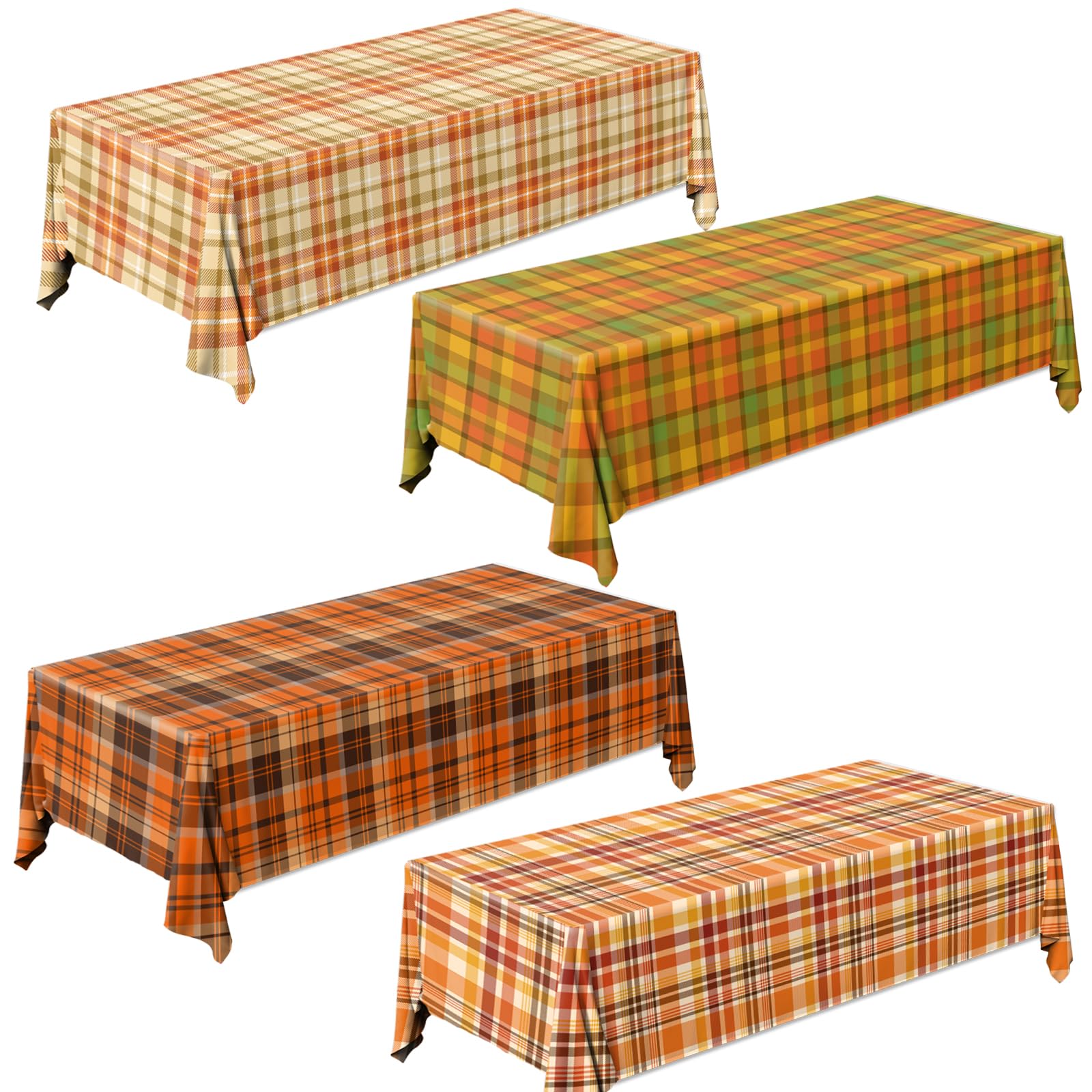 Lenyunge 4PCS Orange Fall Plaid Tablecloth,Checkered Thanksgiving Disposable Tablecloth Waterproof Plastic Autumn Buffalo Plaid Table Cloth for Fall Thanksgiving,54x108Inch