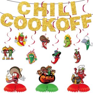 chili cook off decorations, 1 pc chili cook off banner 8 pcs chili hanging swirls 3 pcs honeycomb centerpiece for chili contest tasting competition, chili party banners chili festival party supplies