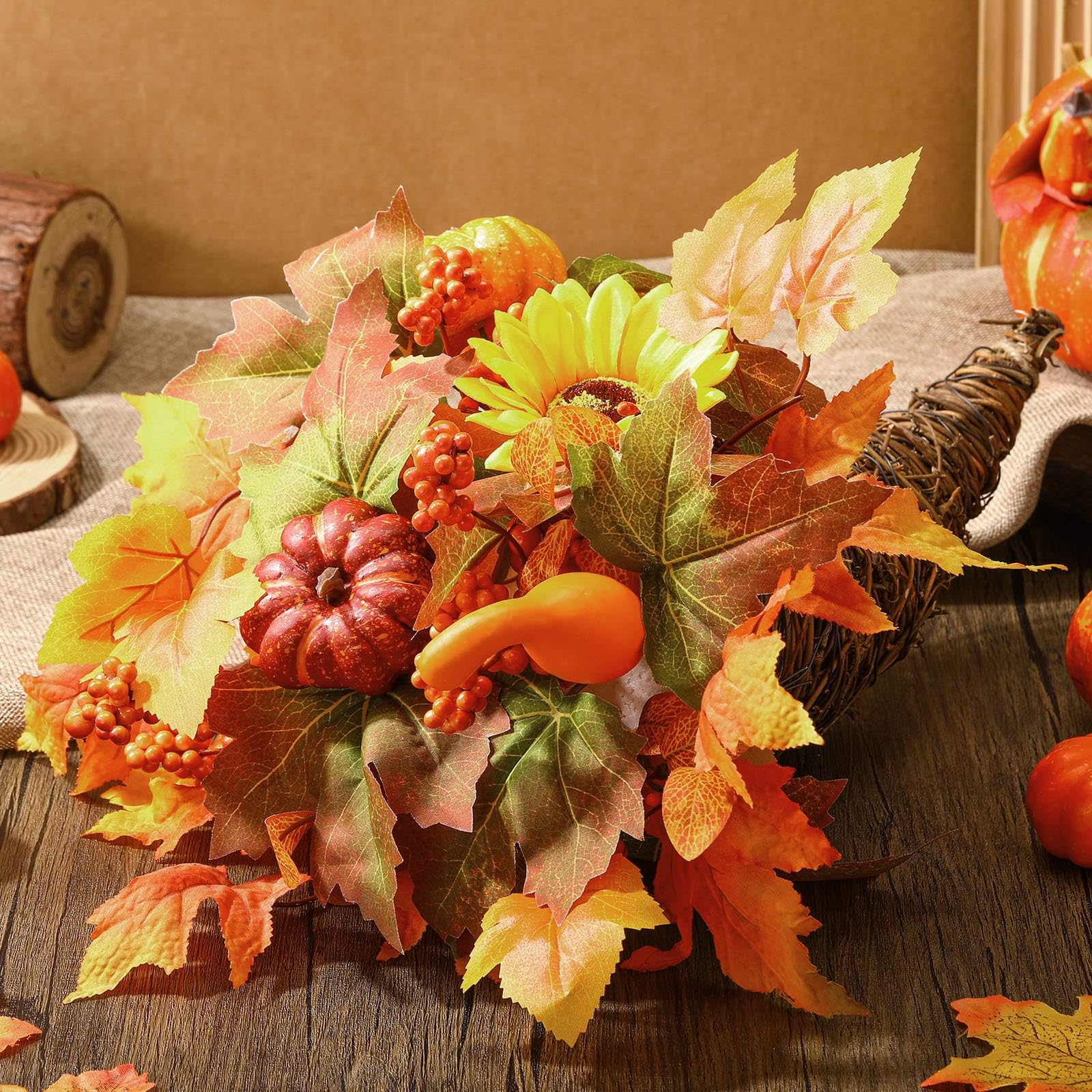 Knitgrip Thanksgiving Table Cornucopia Centerpiece Fall Table Centerpiece Pumpkin Maple Leaves Harvest Cornucopia Basket Decoration for Fall Autumn Thanksgiving Dining Table Centerpiece (Orange)