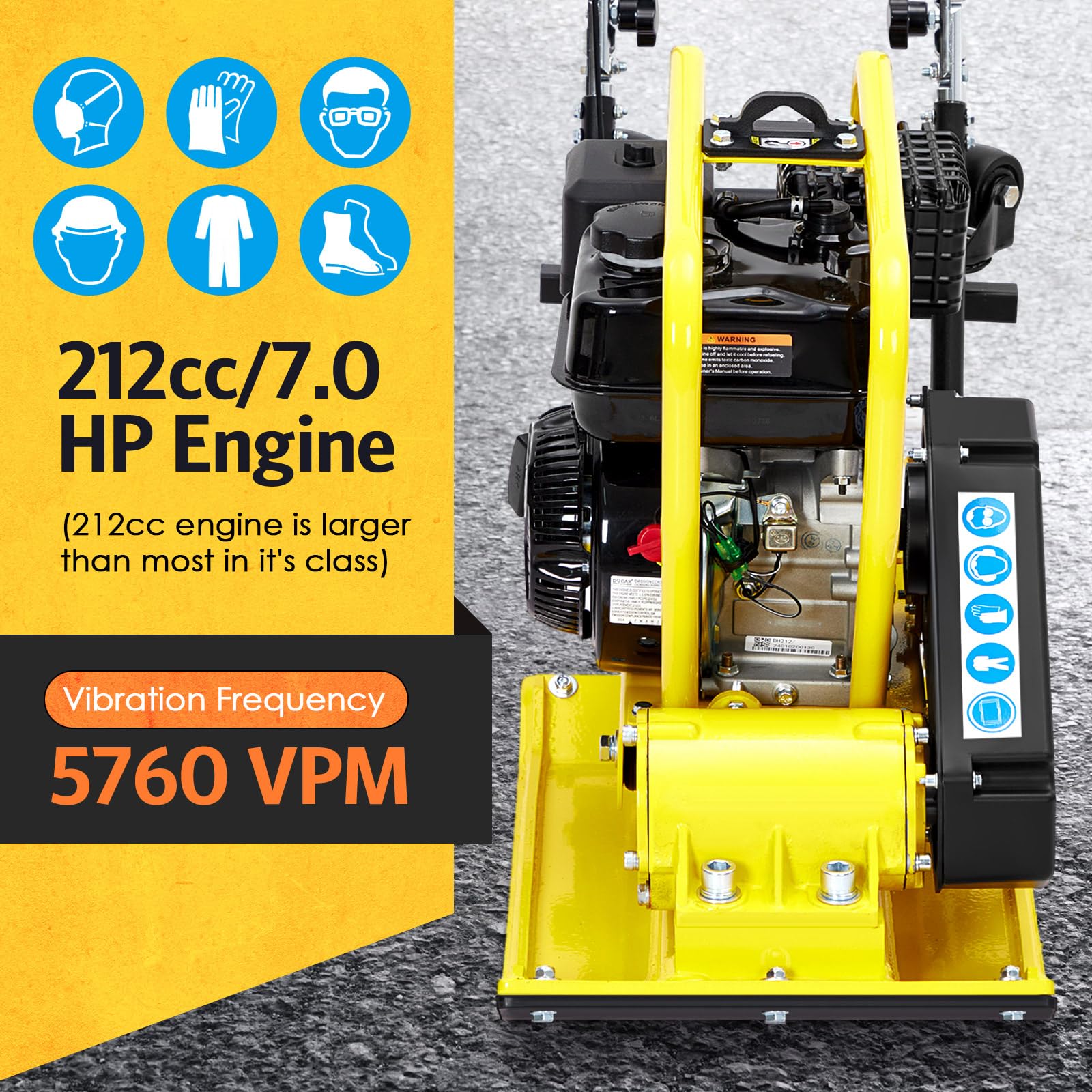 GarveeTech Plate Compactor, 7.0HP 212cc Gas Engine 5760 VPM, 4500LBS Compaction Force, 20x15 Inch Plate, Power Vibratory Soil Tamper Compactor Machine, EPA Compliant