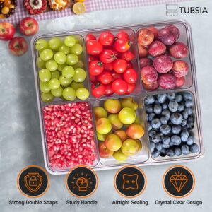 TUBSIA Large Divided Serving Container with Lid and Handle, Snack Organizer, 6 Removable Compartments - Veggie and Fruit Tray, Snack Box, Charcuterie Container